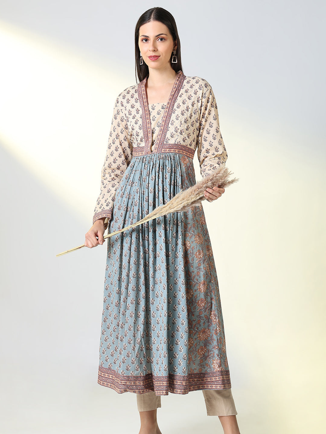 Women Grey Floral A Line Kurta