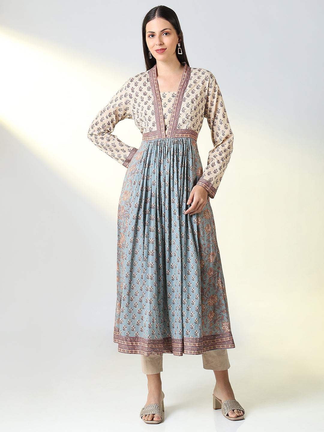 Women Grey Floral A Line Kurta