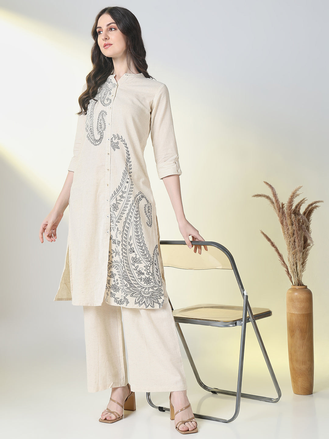 Women Cream Paisley A Line Kurta Set