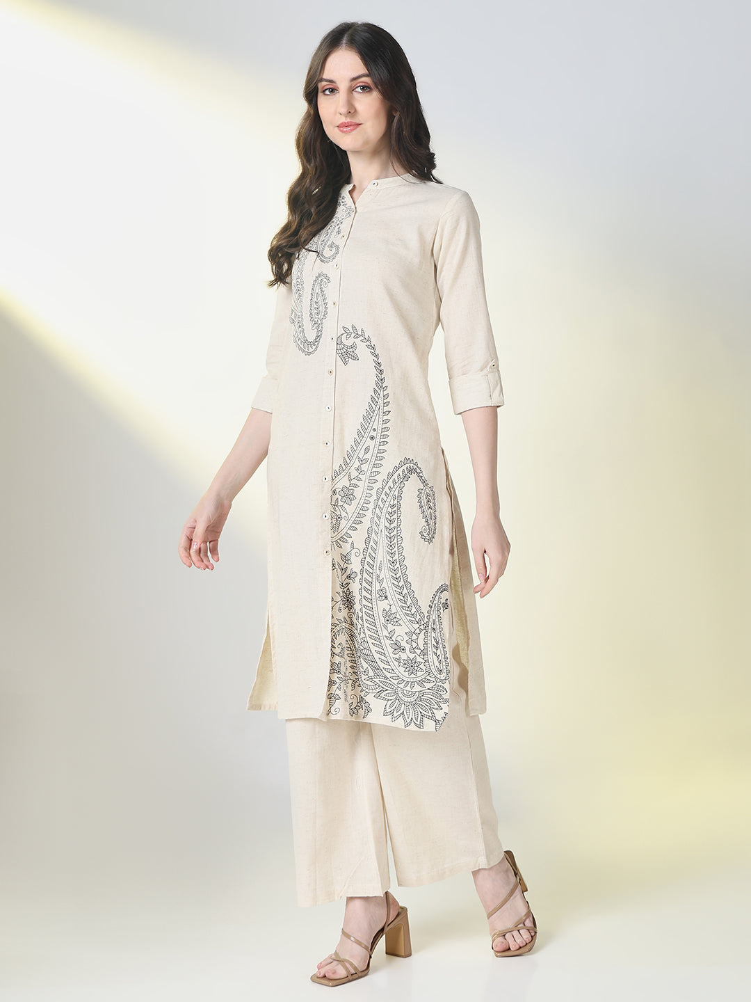 Women Cream Paisley A Line Kurta Set