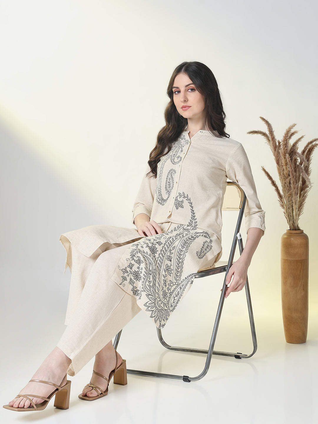 Women Cream Paisley A Line Kurta Set