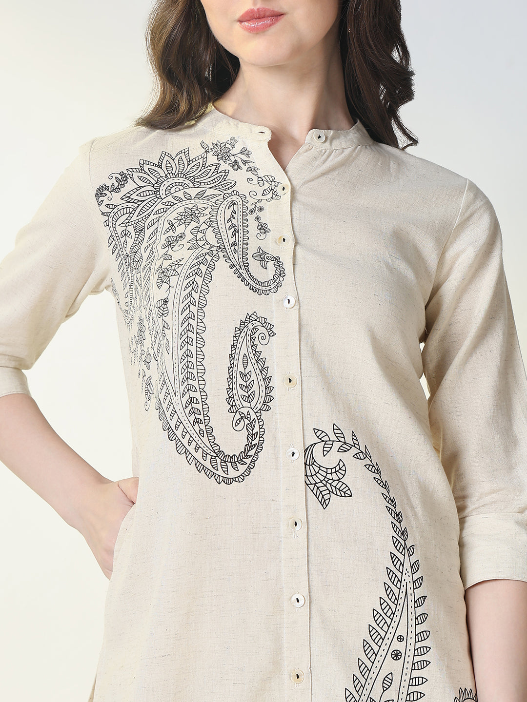 Women Cream Paisley A Line Kurta Set