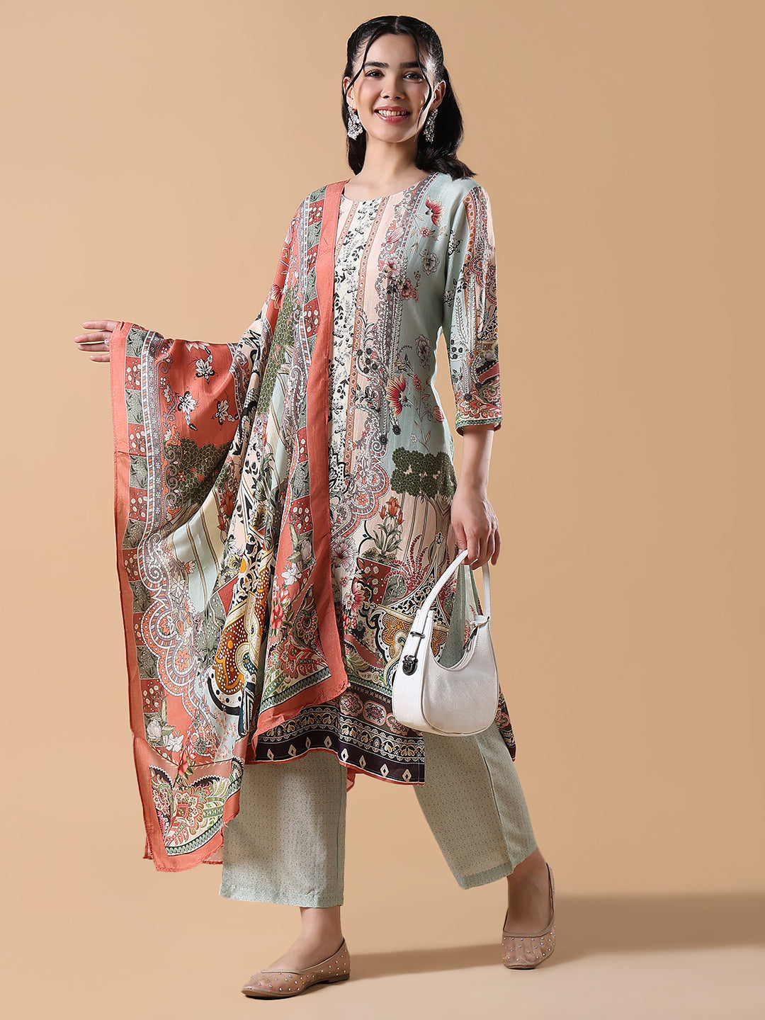 Women Floral Straight Sequinned Green Kurta Set with Dupatta