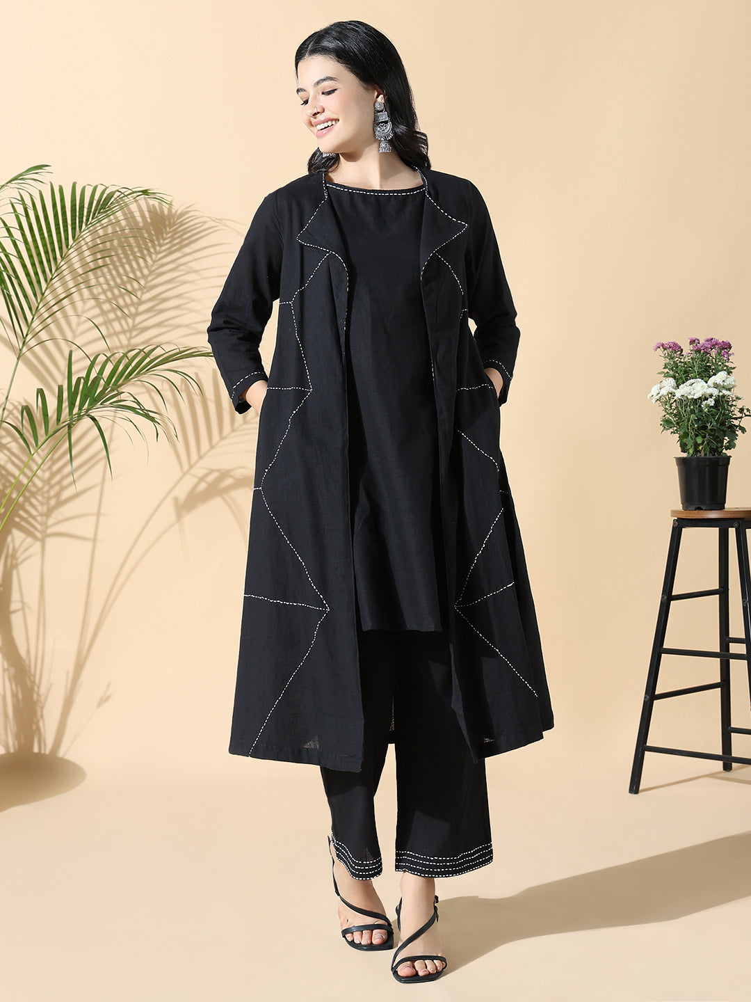 Women Solid A-Line Kantha Work Black Kurta Set with Shrug