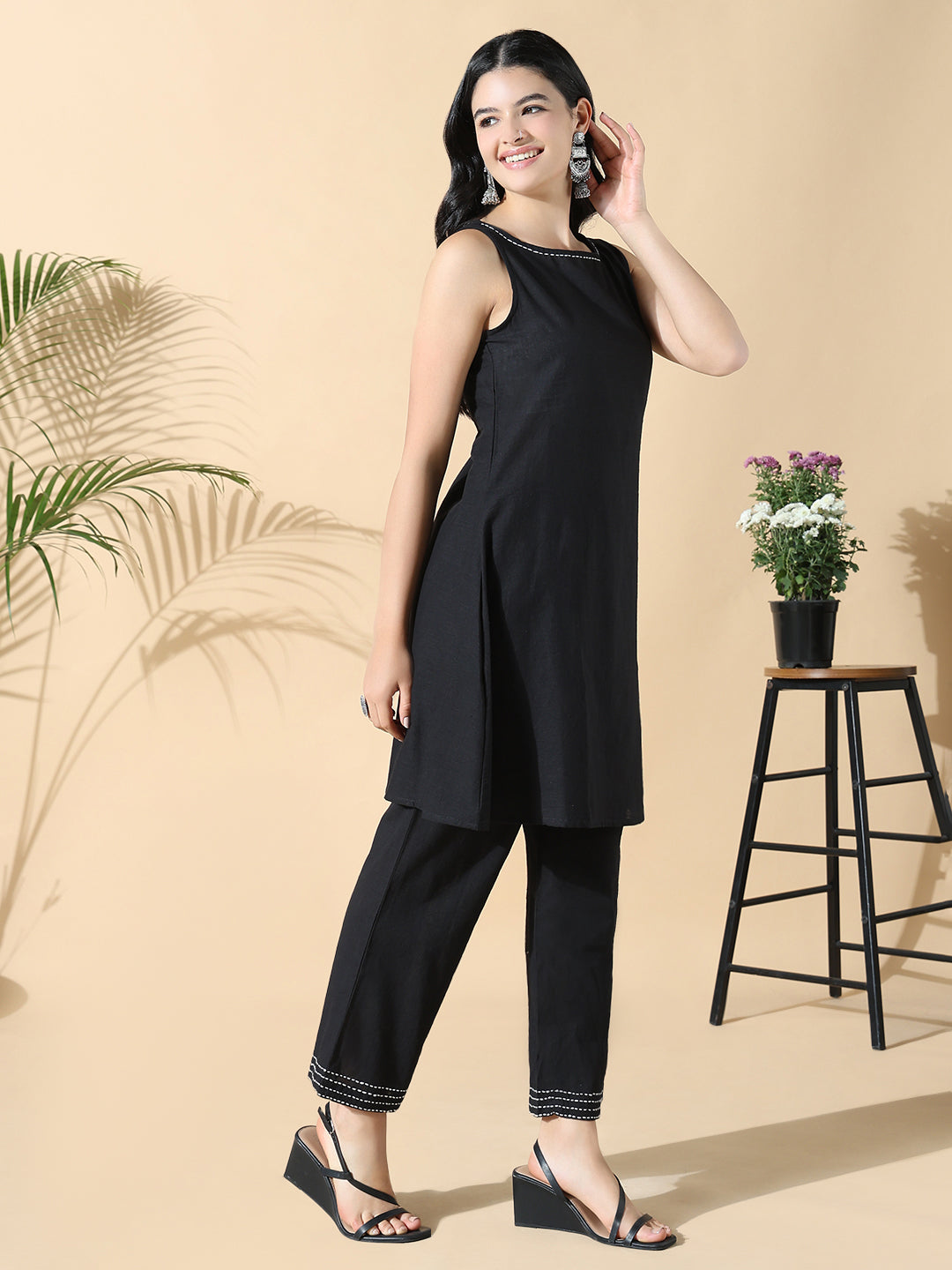 Women Solid A-Line Kantha Work Black Kurta Set with Shrug