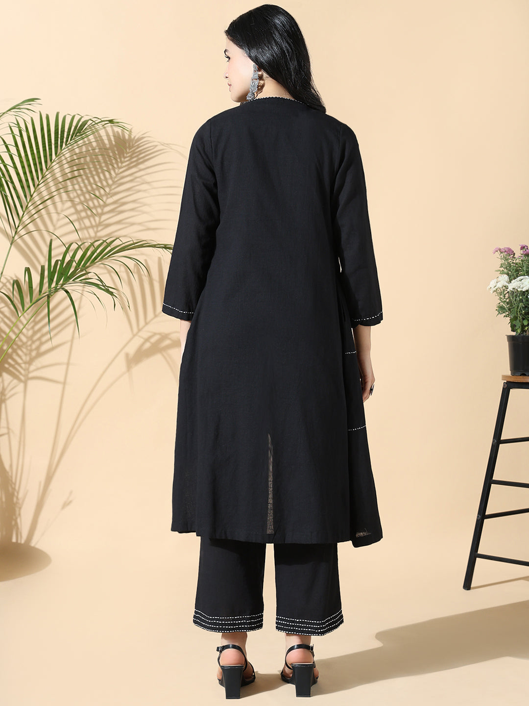 Women Solid A-Line Kantha Work Black Kurta Set with Shrug