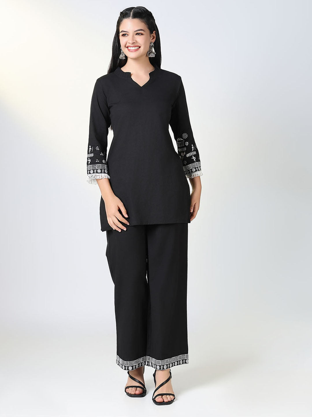 Women Black & White Embroidered Co Ords Set