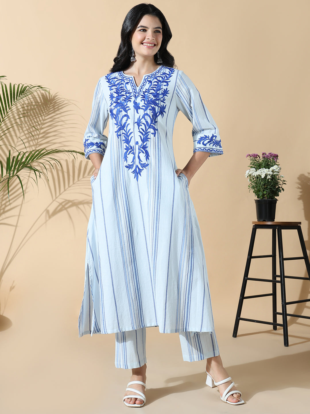 Women Striped A-Line Thread Work Blue Kurta Set