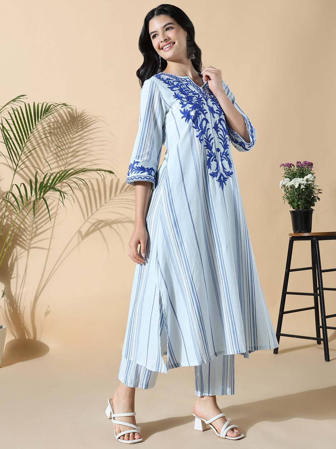 Women Striped A-Line Thread Work Blue Kurta Set