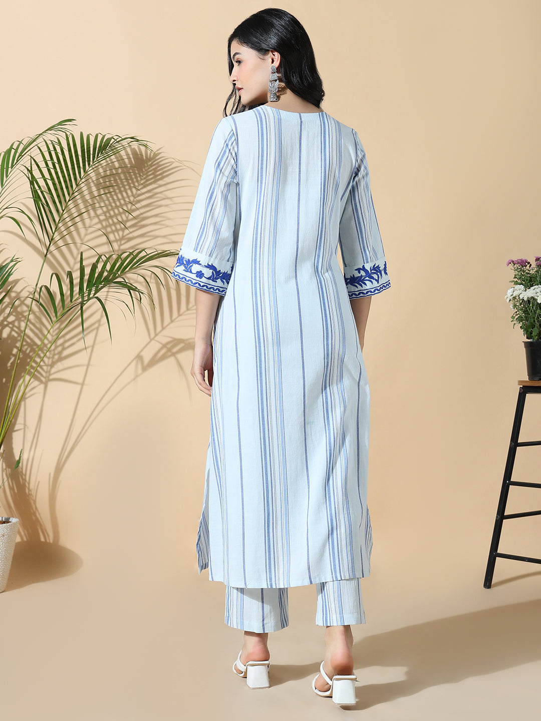 Women Striped A-Line Thread Work Blue Kurta Set