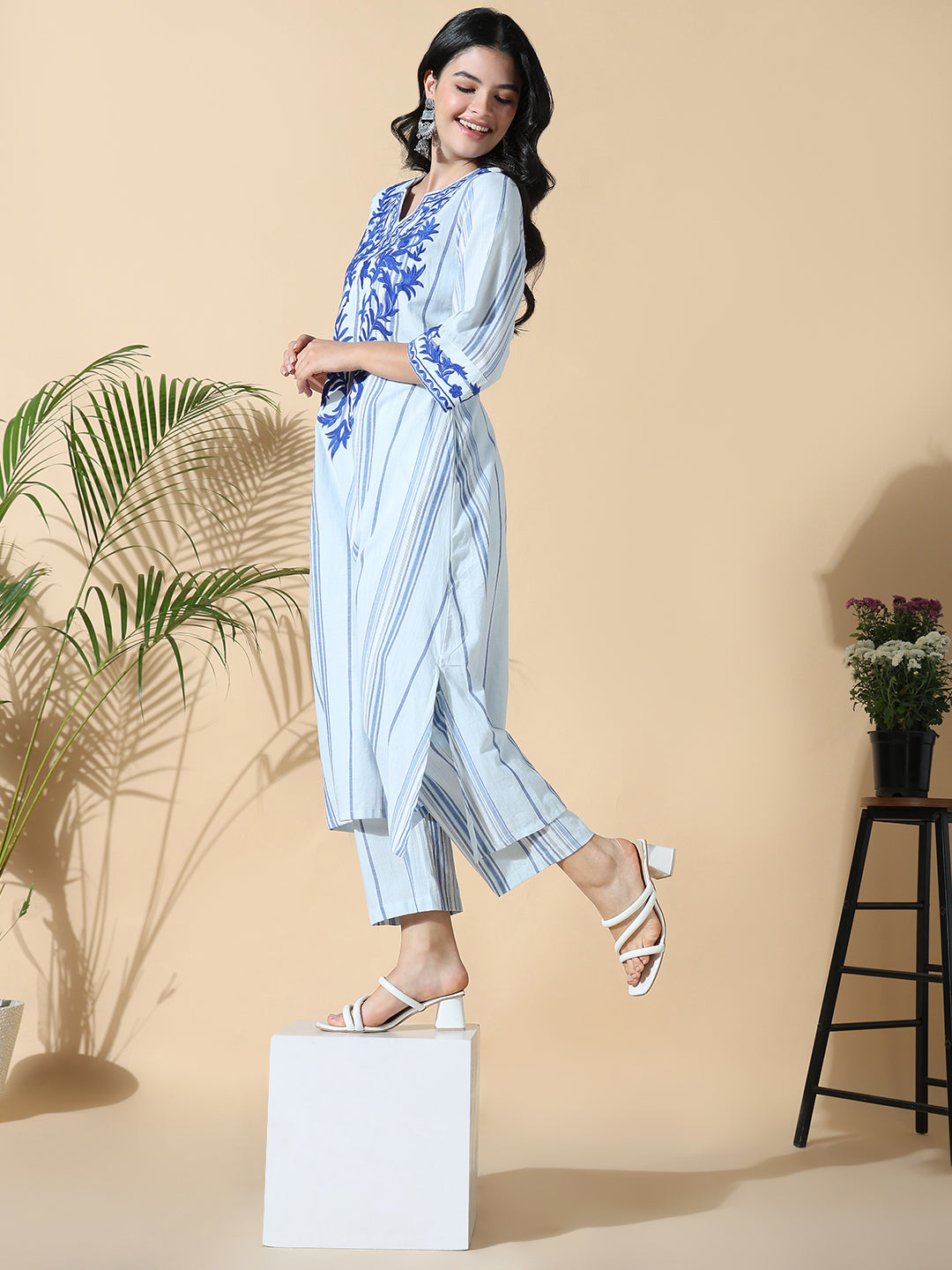 Women Striped A-Line Thread Work Blue Kurta Set