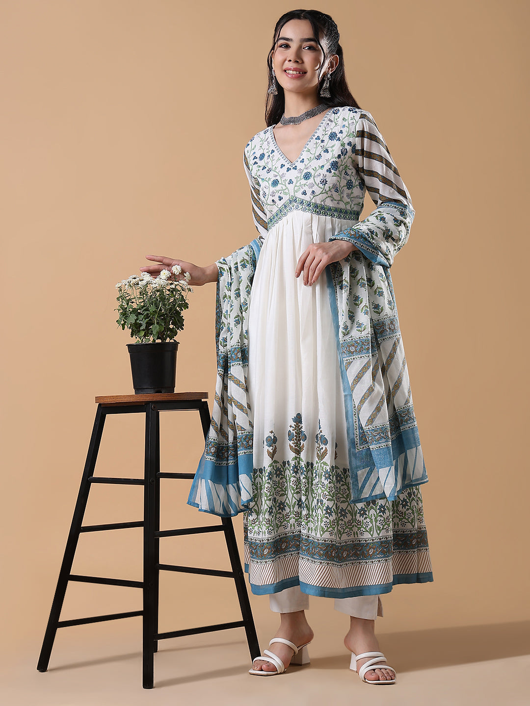 Women White Floral Cotton Anarkali Kurta with Dupatta