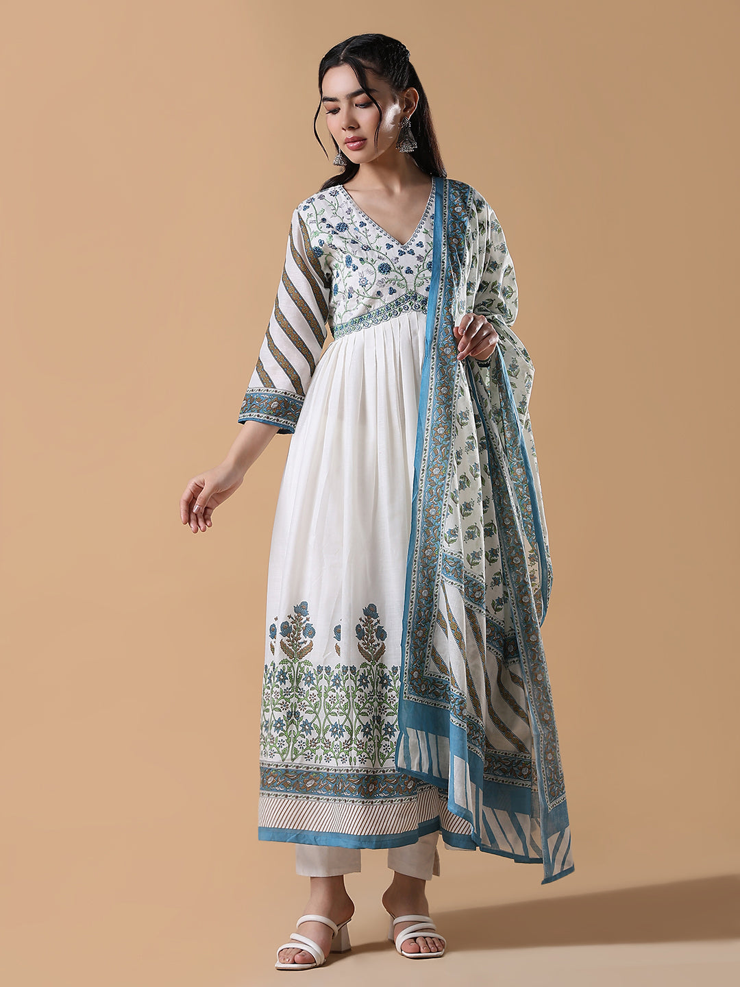 Women White Floral Cotton Anarkali Kurta with Dupatta