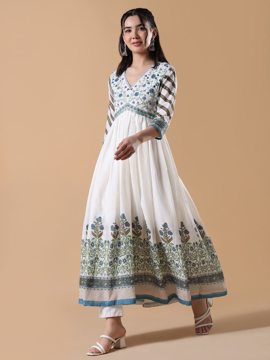 Women White Floral Cotton Anarkali Kurta with Dupatta