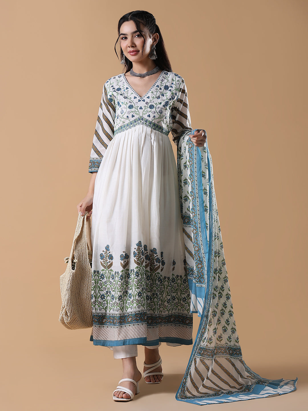 Women White Floral Cotton Anarkali Kurta with Dupatta