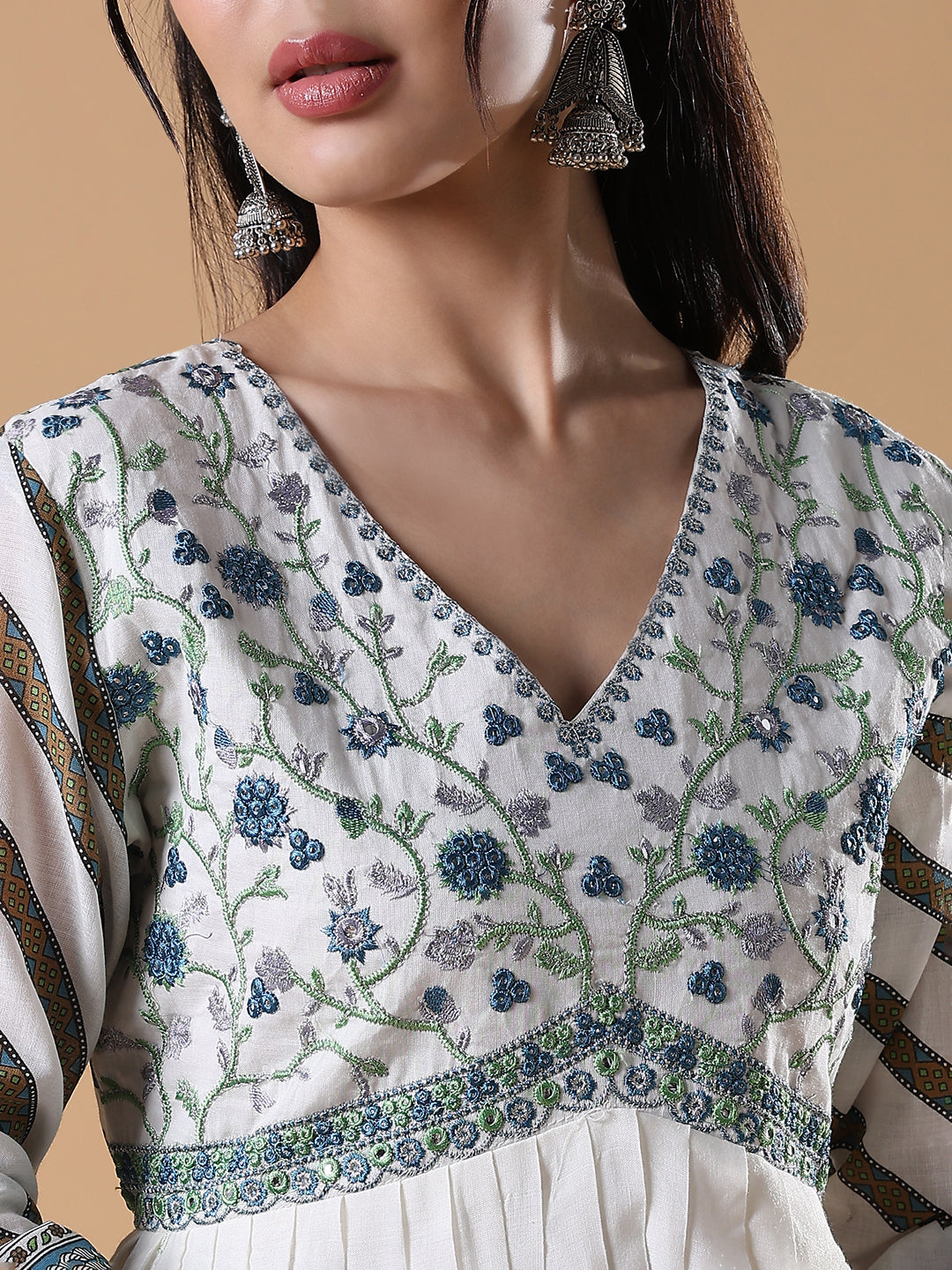 Women White Floral Cotton Anarkali Kurta with Dupatta