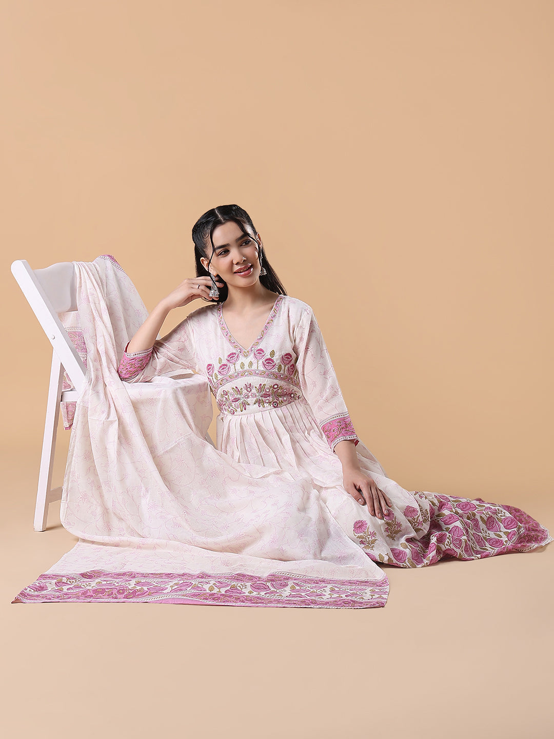 Women Off White Floral Cotton Anarkali Kurta with Dupatta