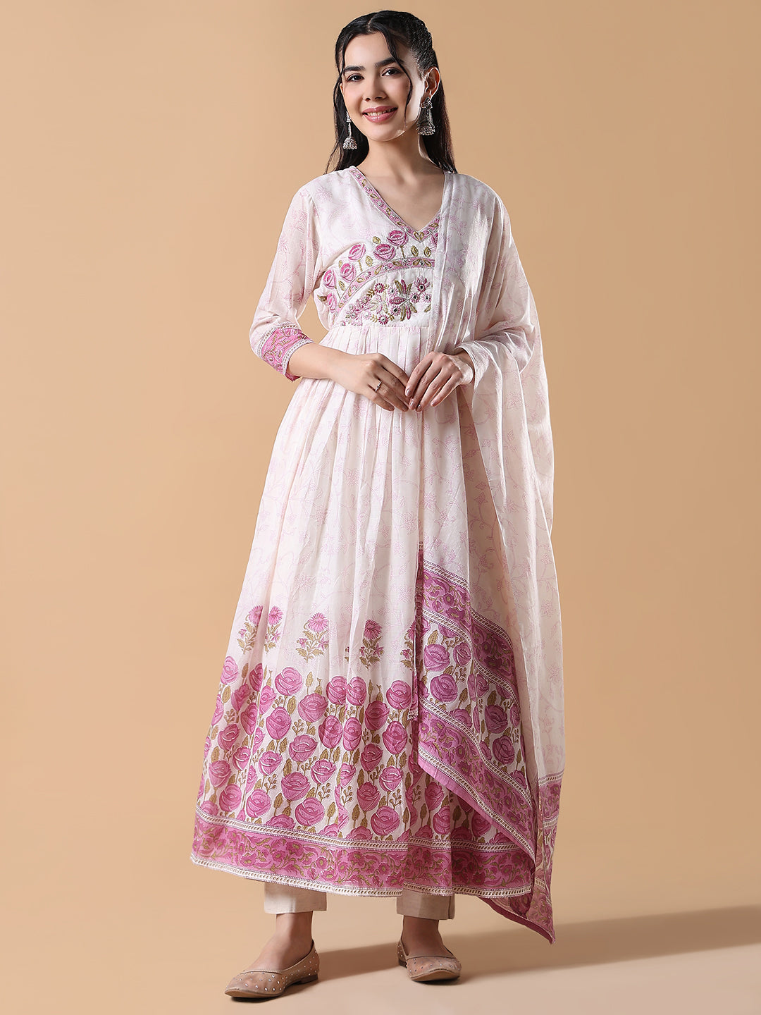 Women Off White Floral Cotton Anarkali Kurta with Dupatta