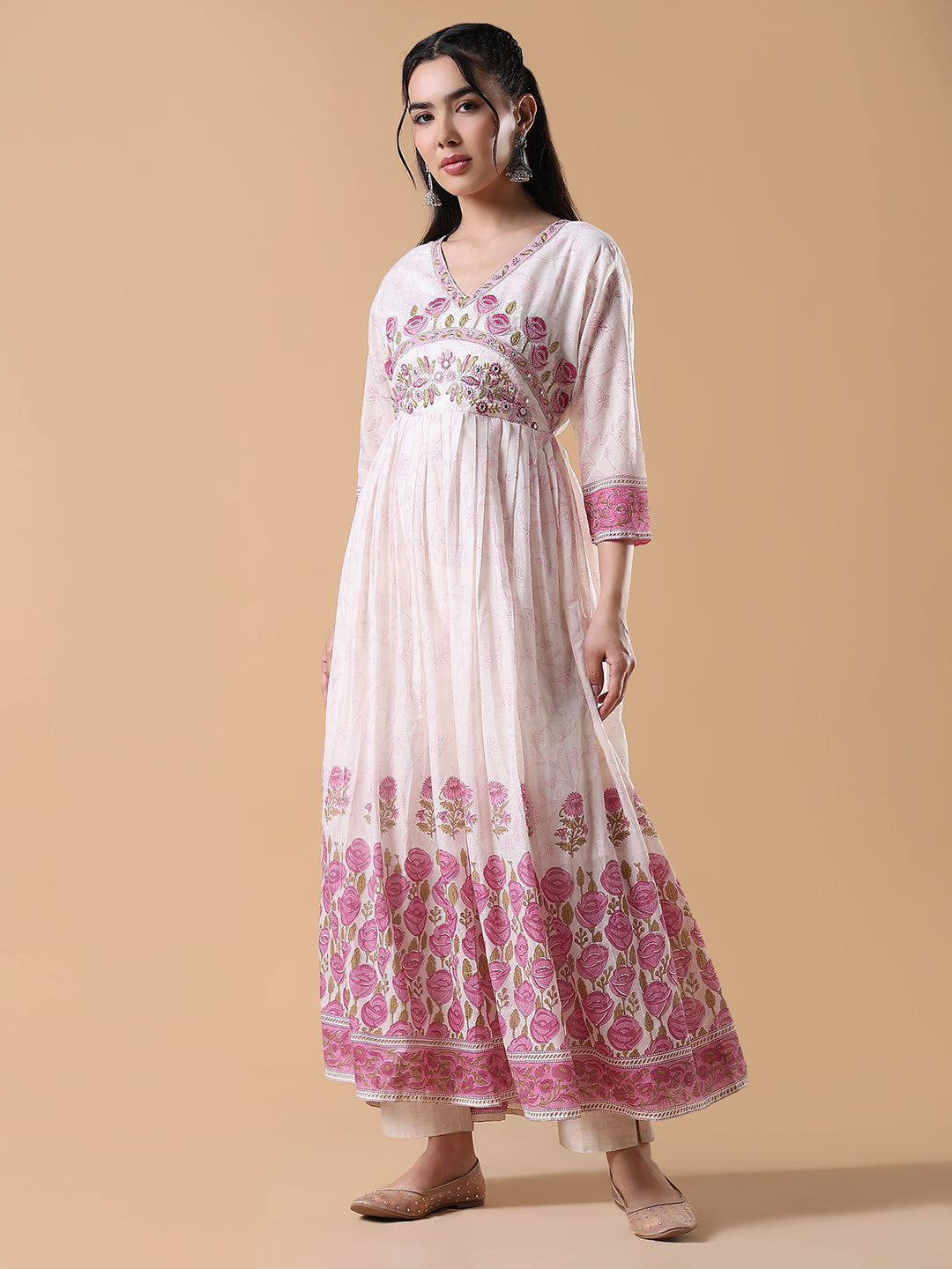 Women Off White Floral Cotton Anarkali Kurta with Dupatta