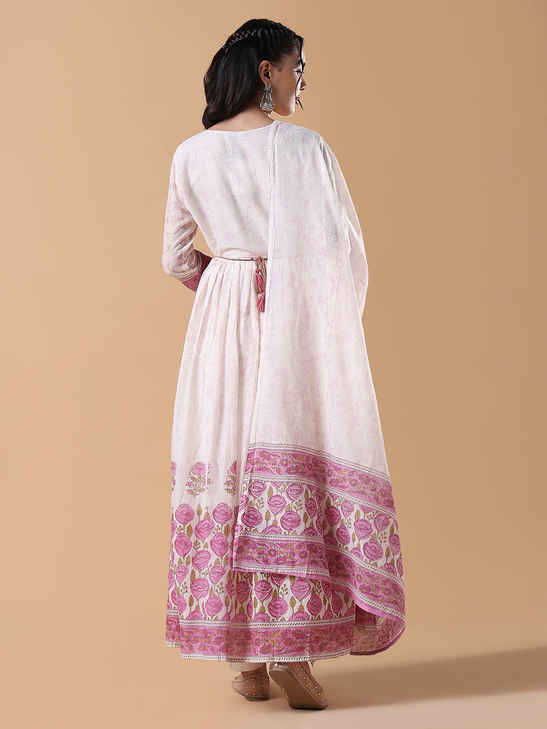 Women Off White Floral Cotton Anarkali Kurta with Dupatta