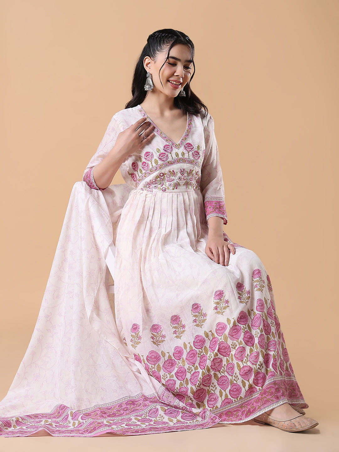 Women Off White Floral Cotton Anarkali Kurta with Dupatta