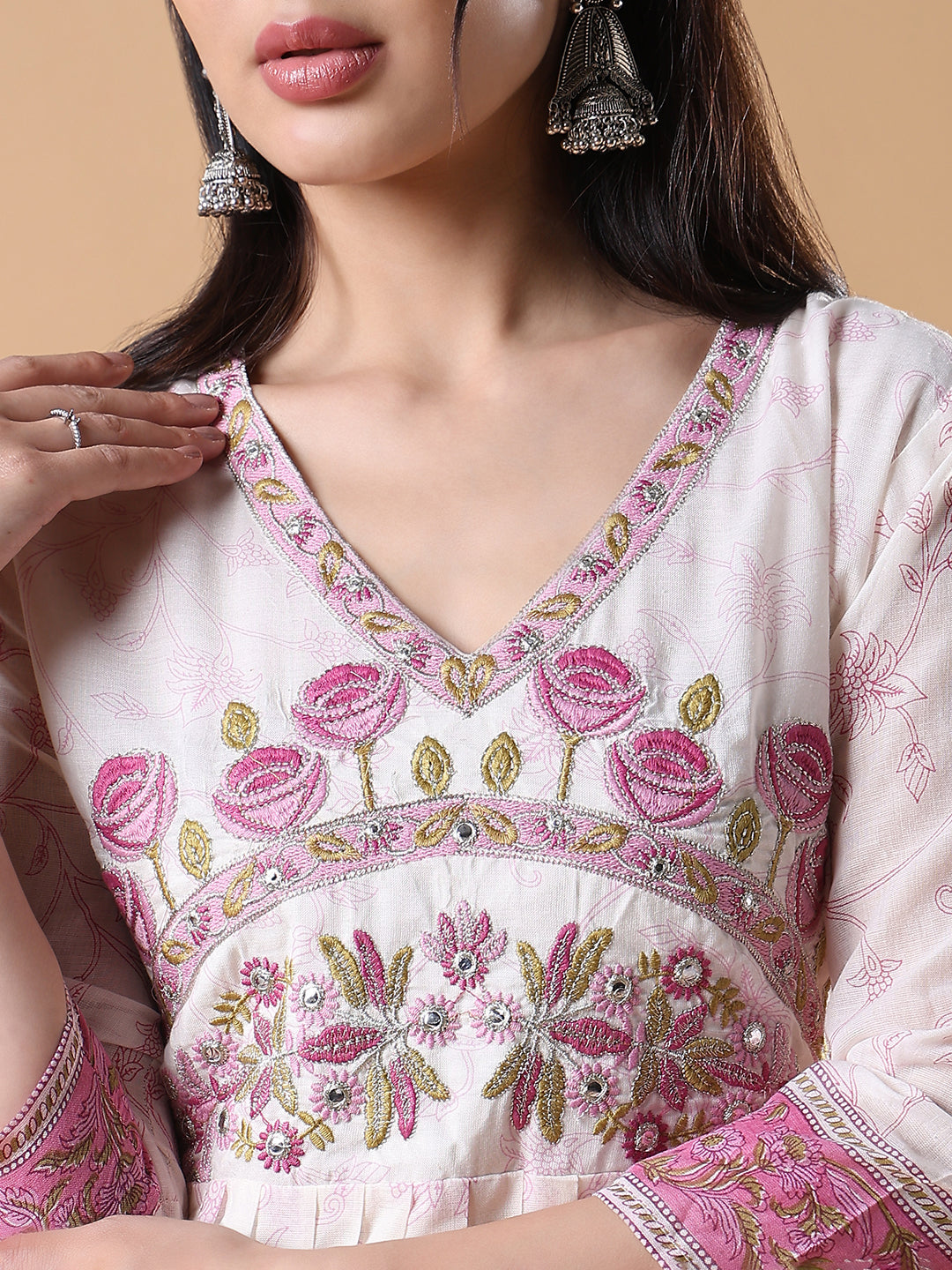 Women Off White Floral Cotton Anarkali Kurta with Dupatta