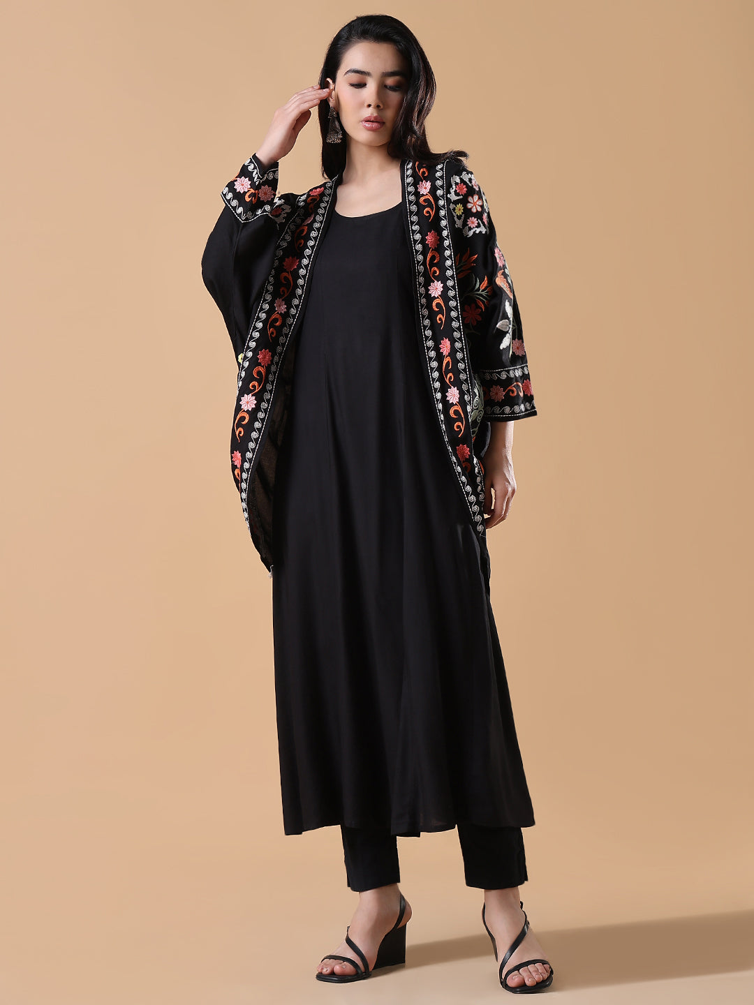 Women Black Solid Cotton A-Line Kurta with Shrug