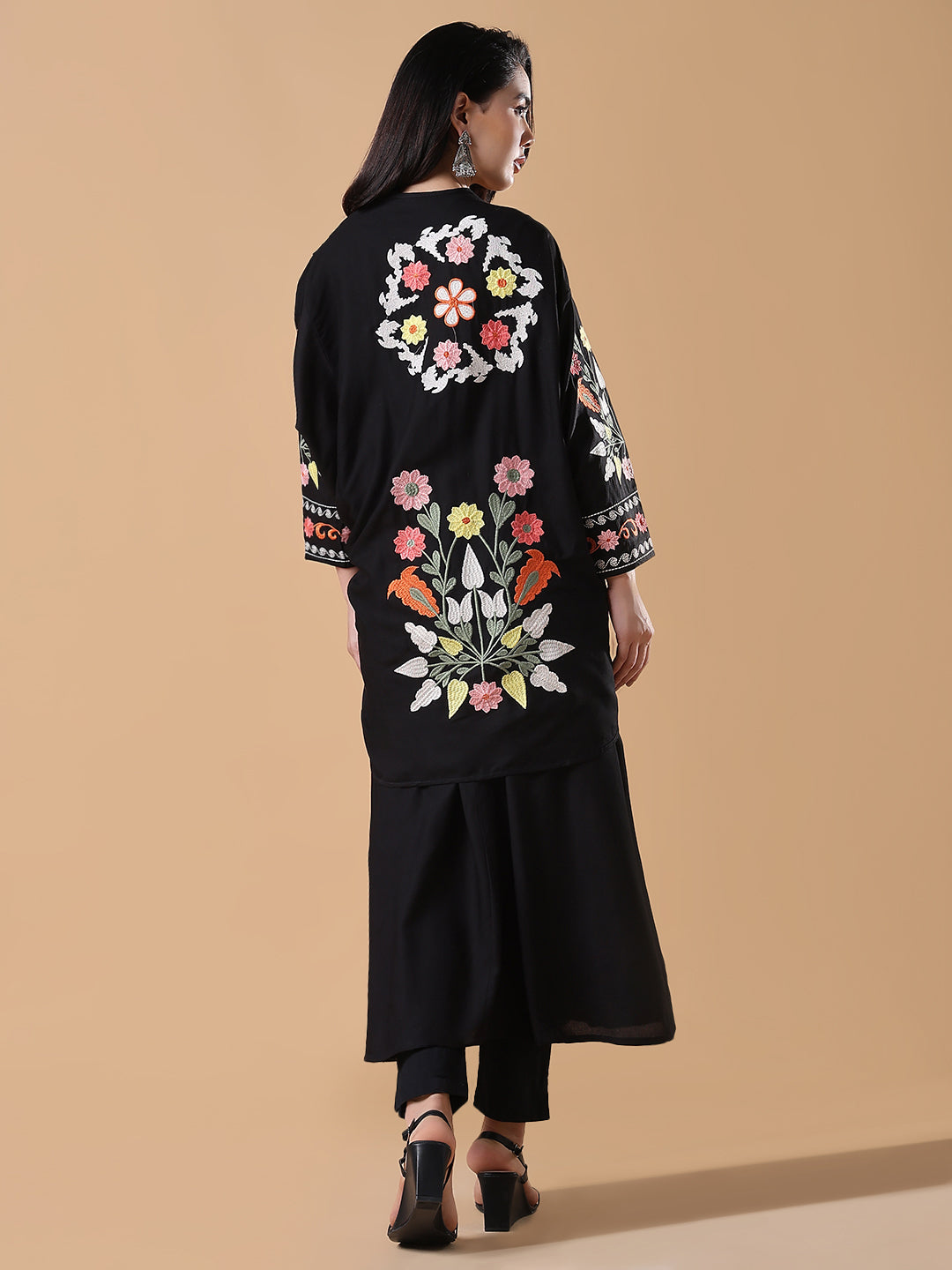 Women Black Solid Cotton A-Line Kurta with Shrug