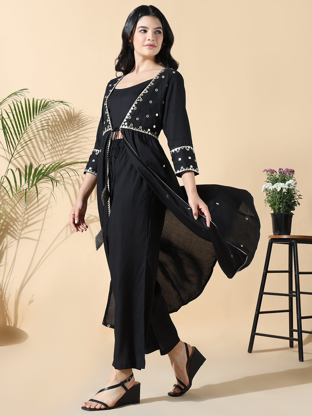 Women Solid Straight Mirror Work Black Kurta with Overcoat