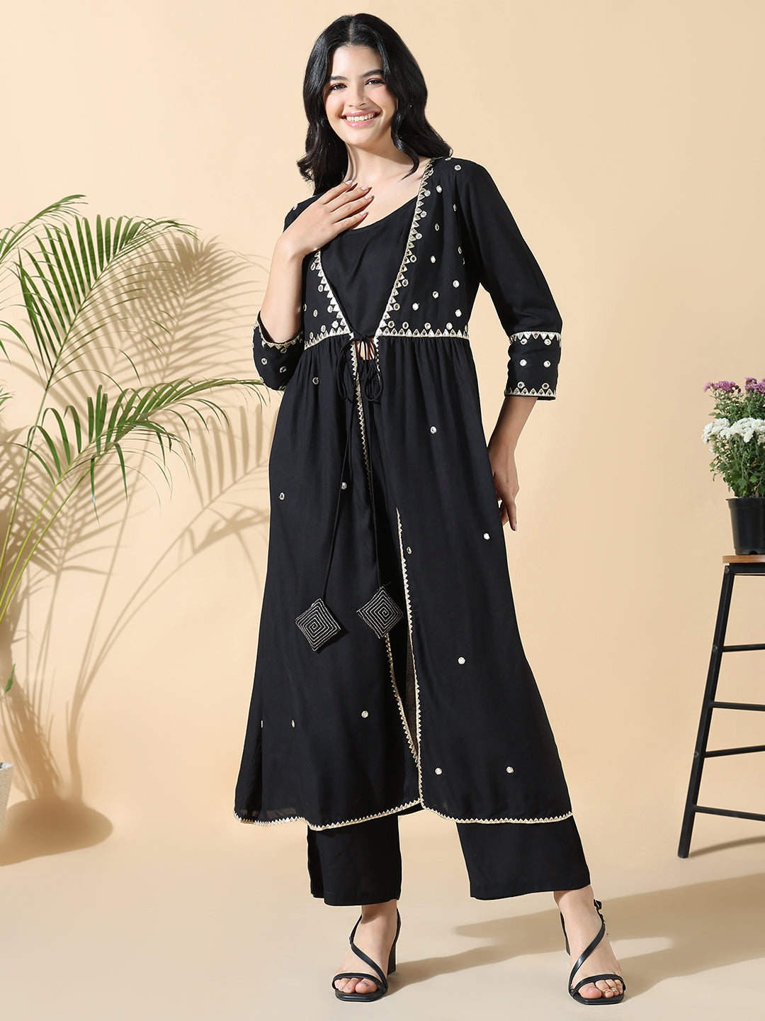 Women Solid Straight Mirror Work Black Kurta with Overcoat