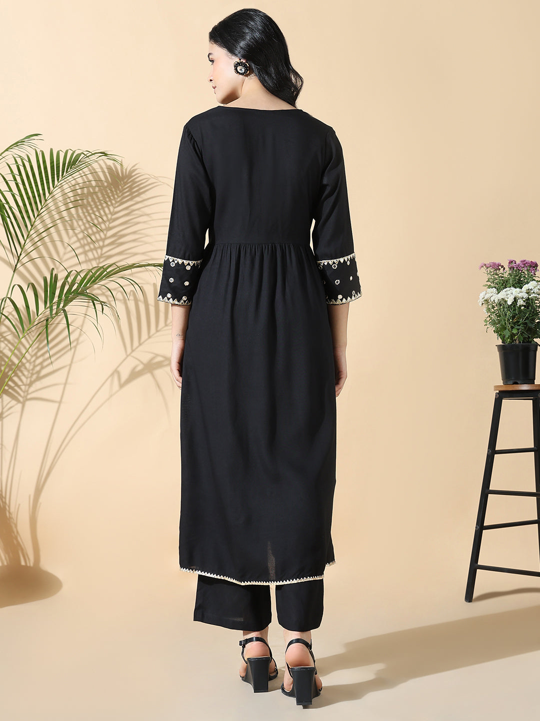 Women Solid Straight Mirror Work Black Kurta with Overcoat