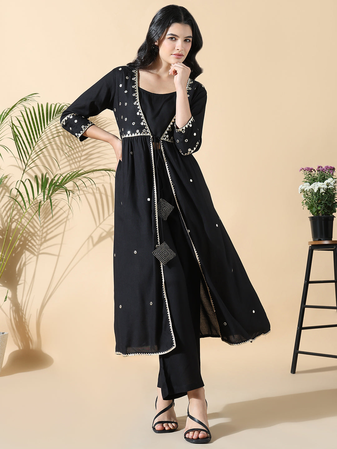 Women Solid Straight Mirror Work Black Kurta with Overcoat