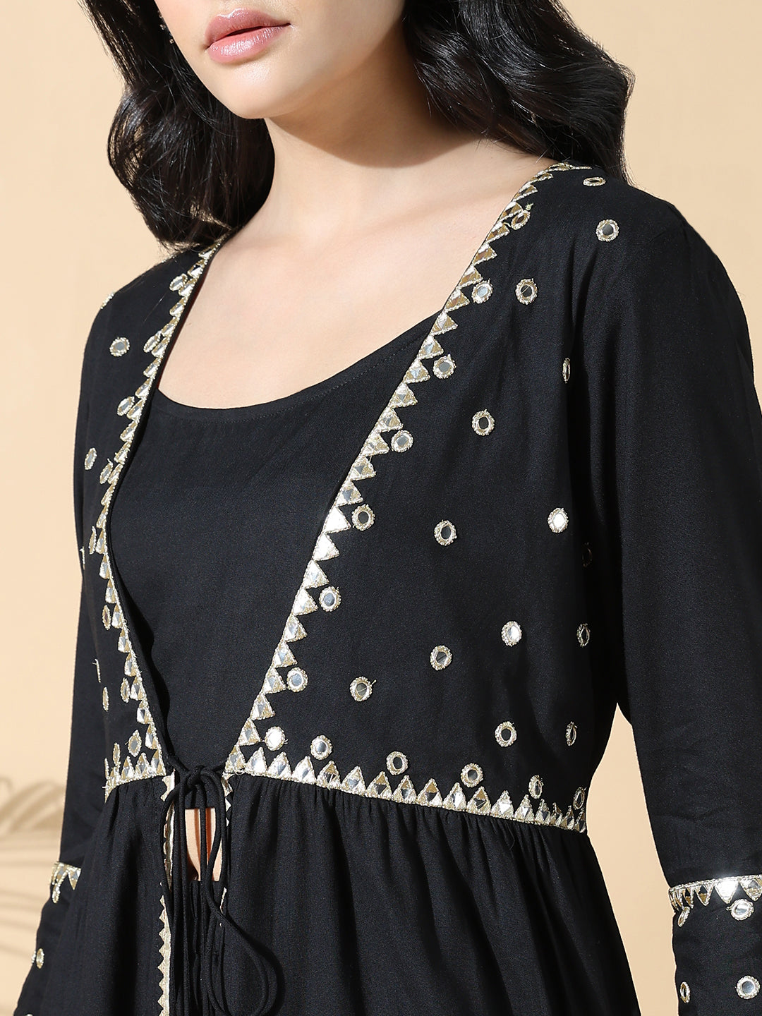 Women Solid Straight Mirror Work Black Kurta with Overcoat