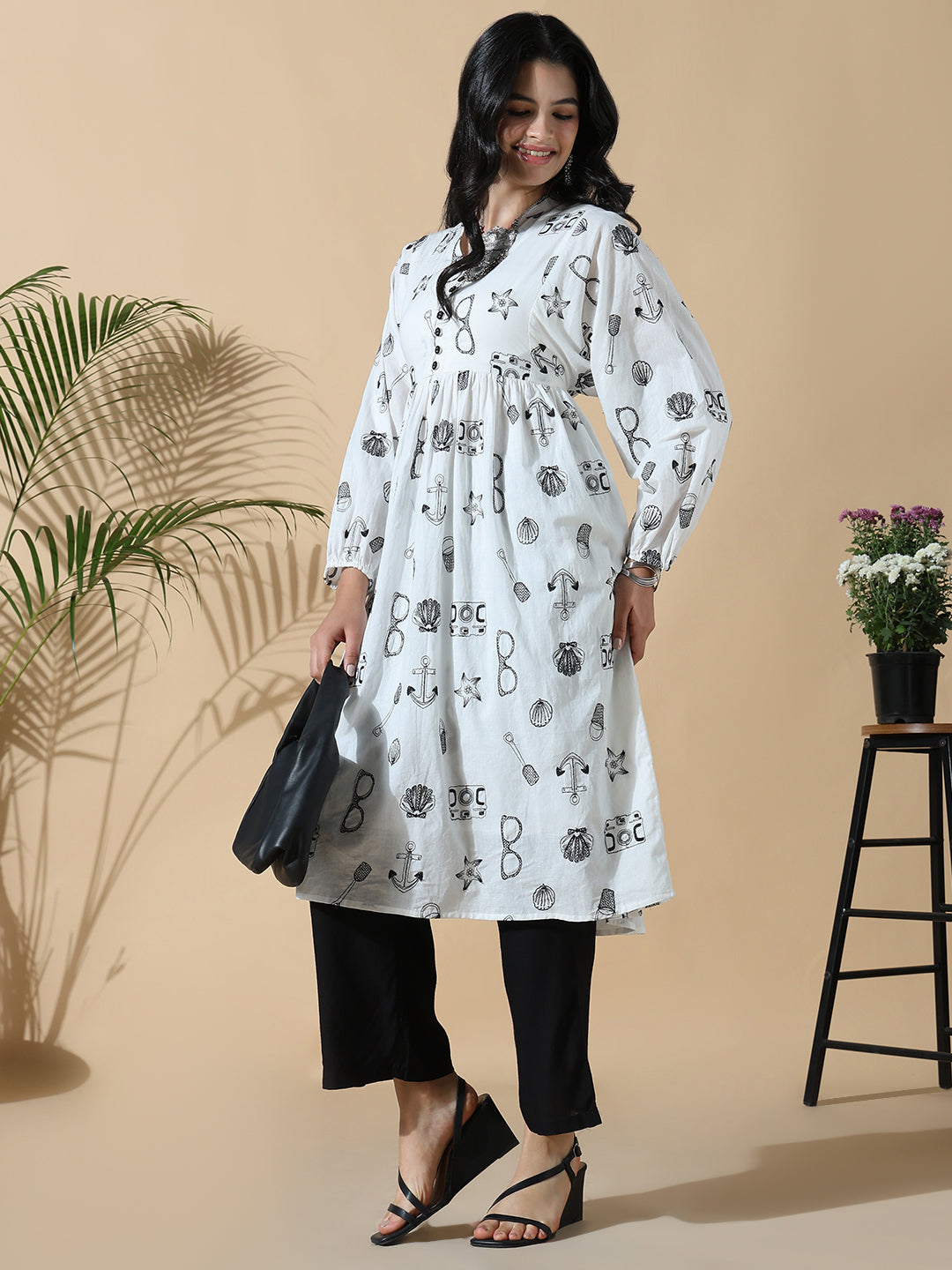 Women Cotton Graphic Anarkali White Kurta Set