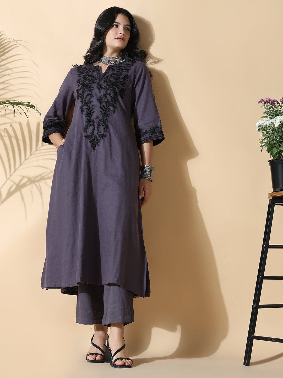 Women Cotton Solid A-Line Thread Work Purple Kurta Set