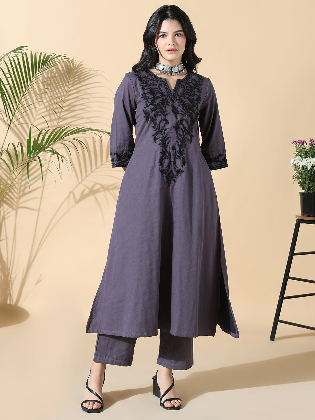 Women Cotton Solid A-Line Thread Work Purple Kurta Set