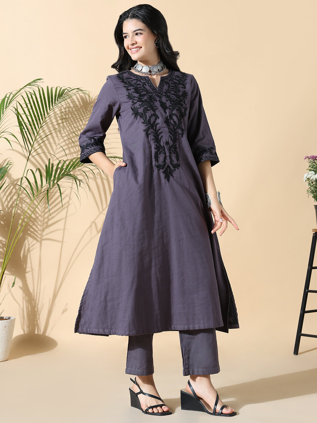 Women Cotton Solid A-Line Thread Work Purple Kurta Set