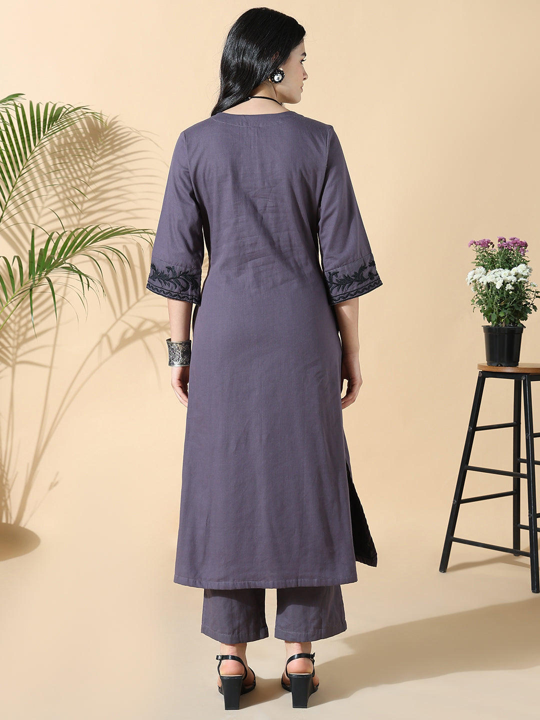 Women Cotton Solid A-Line Thread Work Purple Kurta Set