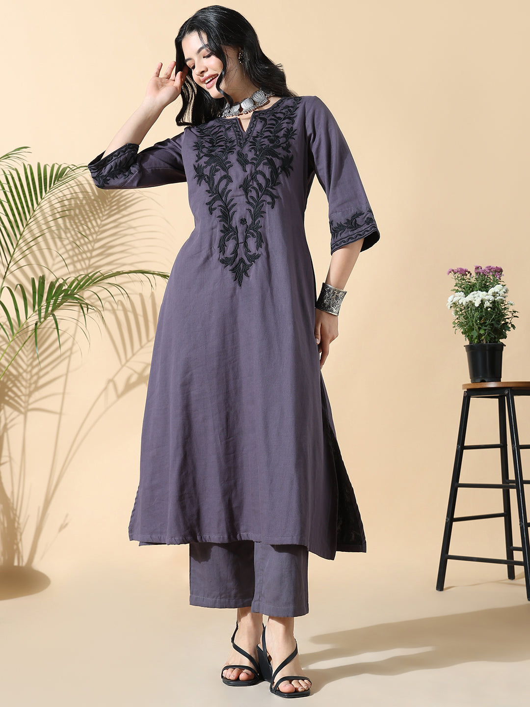 Women Cotton Solid A-Line Thread Work Purple Kurta Set