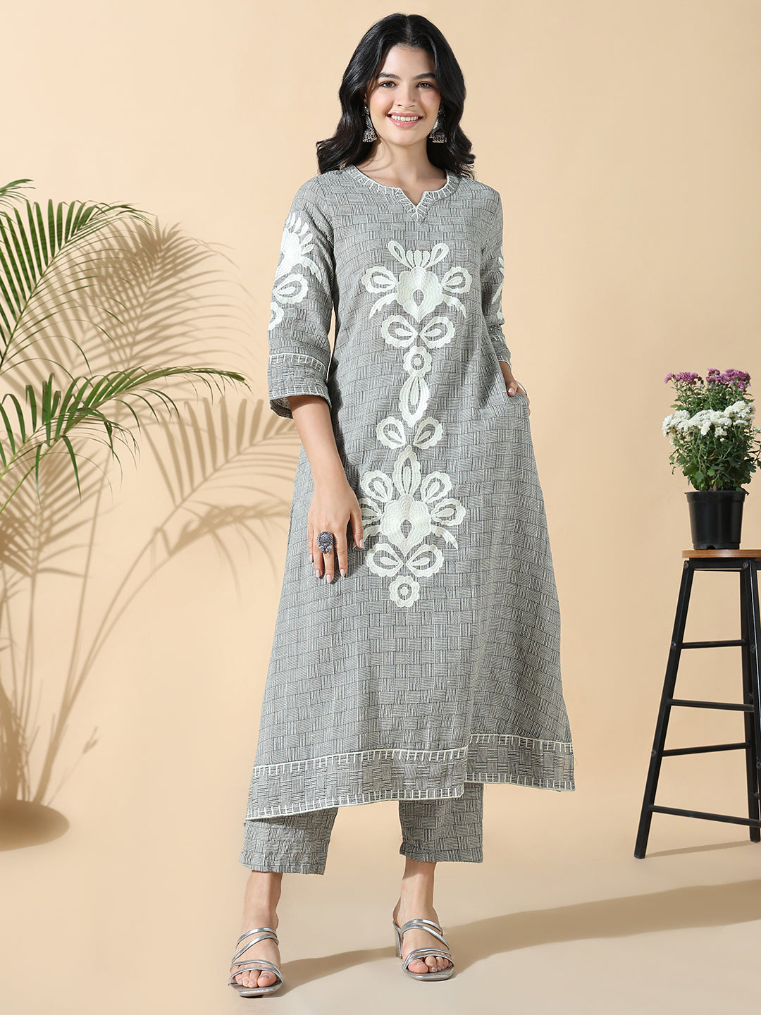 Women Checked A-Line Embroidered Grey Kurta Set