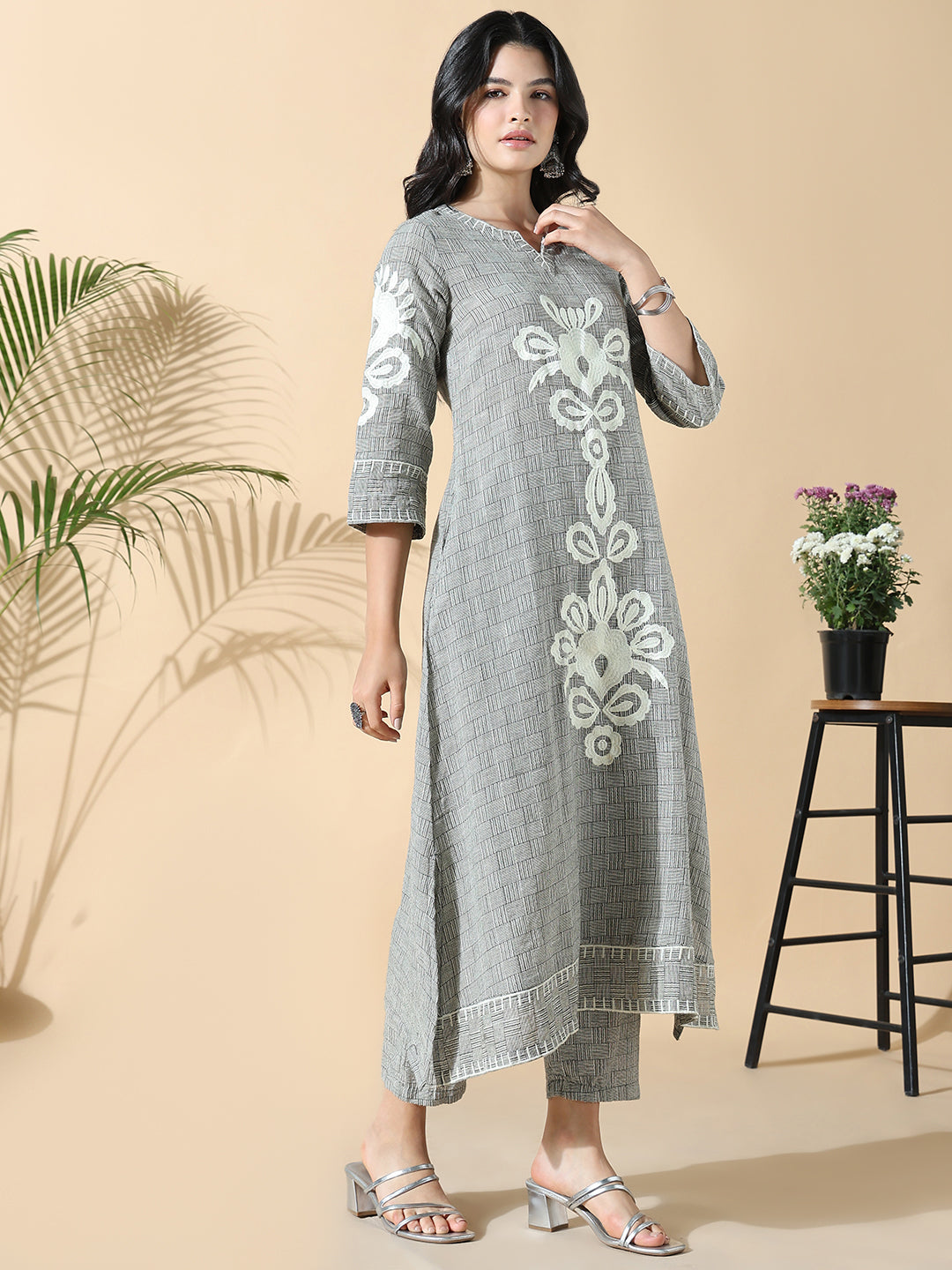 Women Checked A-Line Embroidered Grey Kurta Set