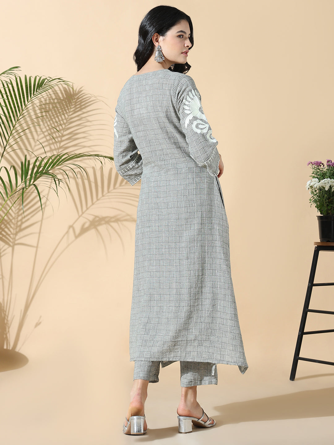 Women Checked A-Line Embroidered Grey Kurta Set