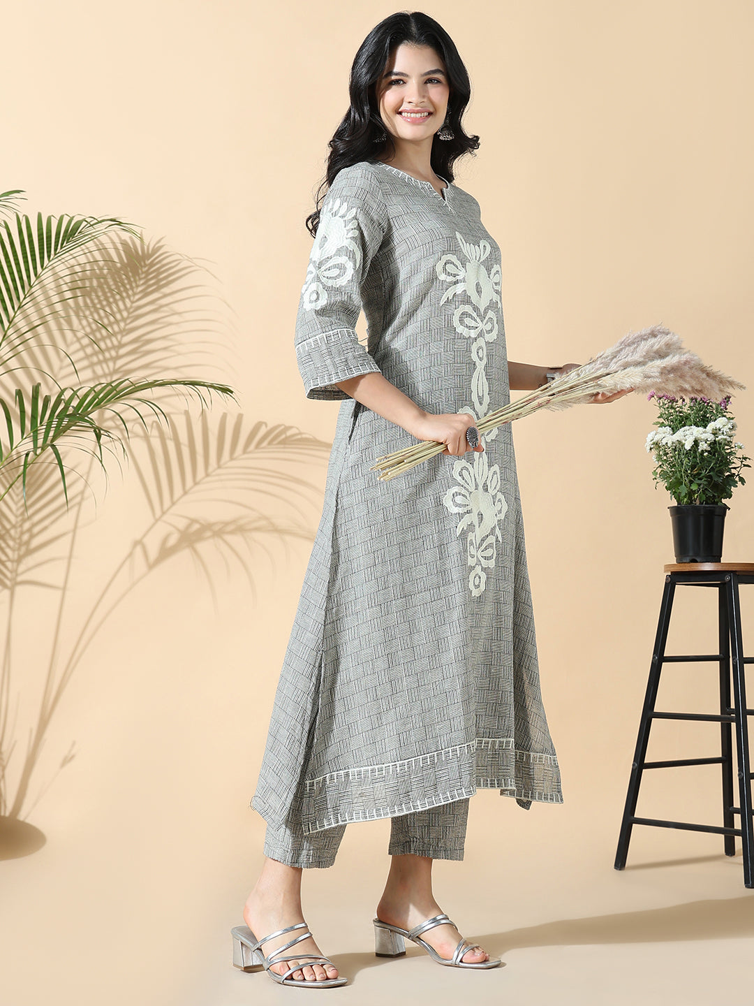 Women Checked A-Line Embroidered Grey Kurta Set