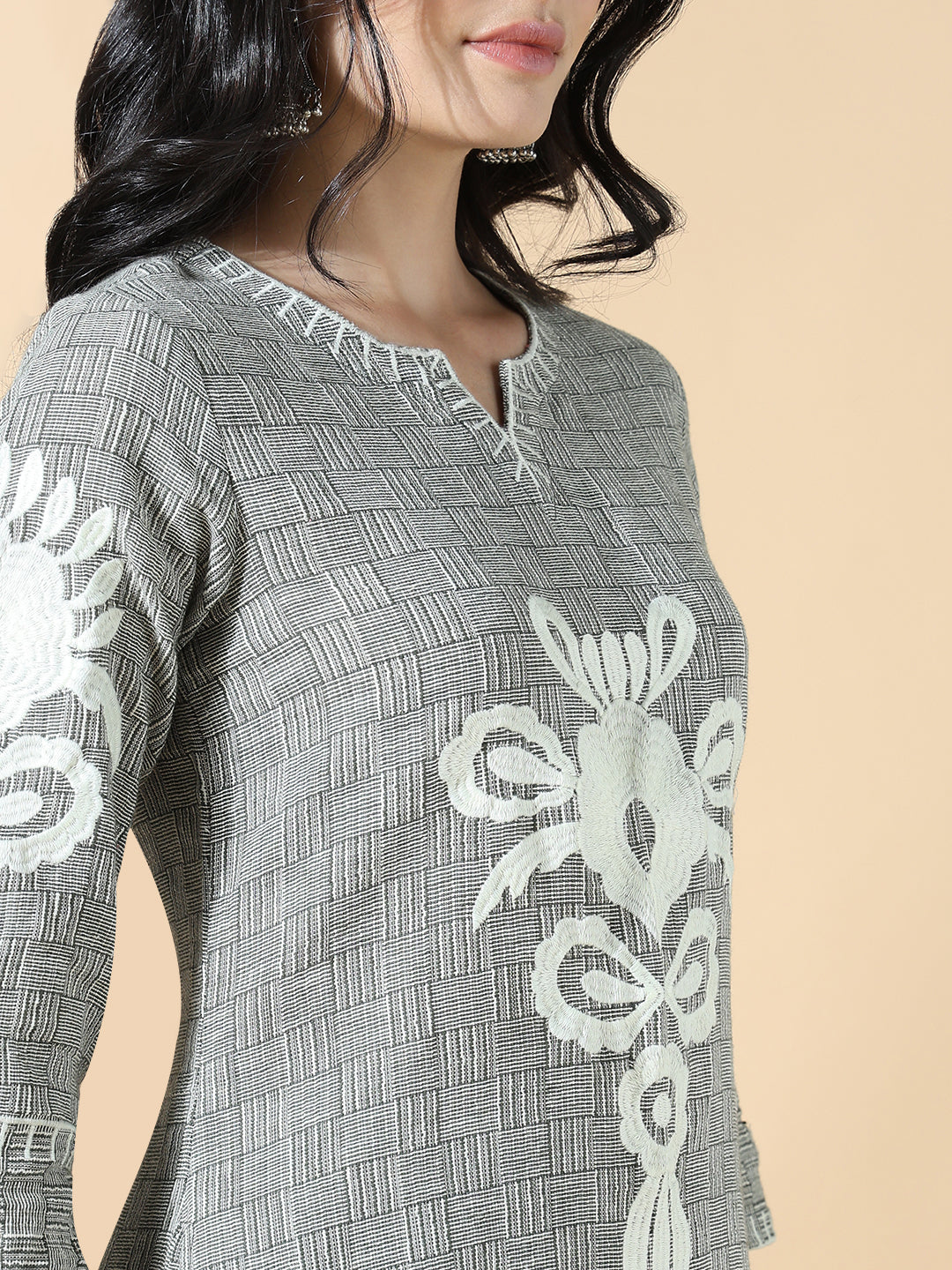 Women Checked A-Line Embroidered Grey Kurta Set