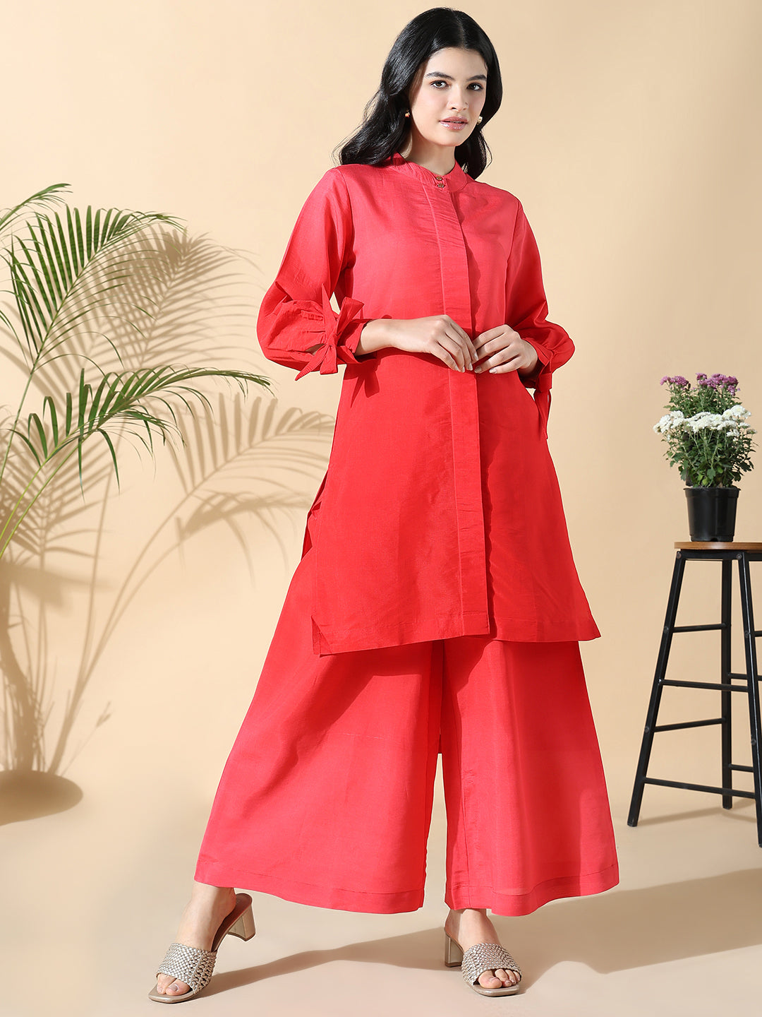 Women Cotton Solid Straight Red Kurta Set