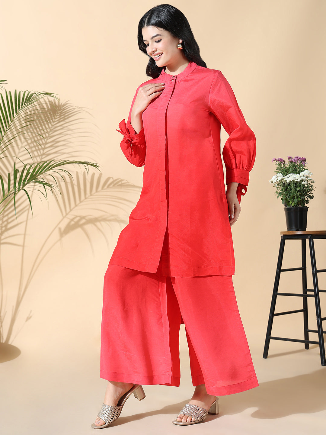 Women Cotton Solid Straight Red Kurta Set