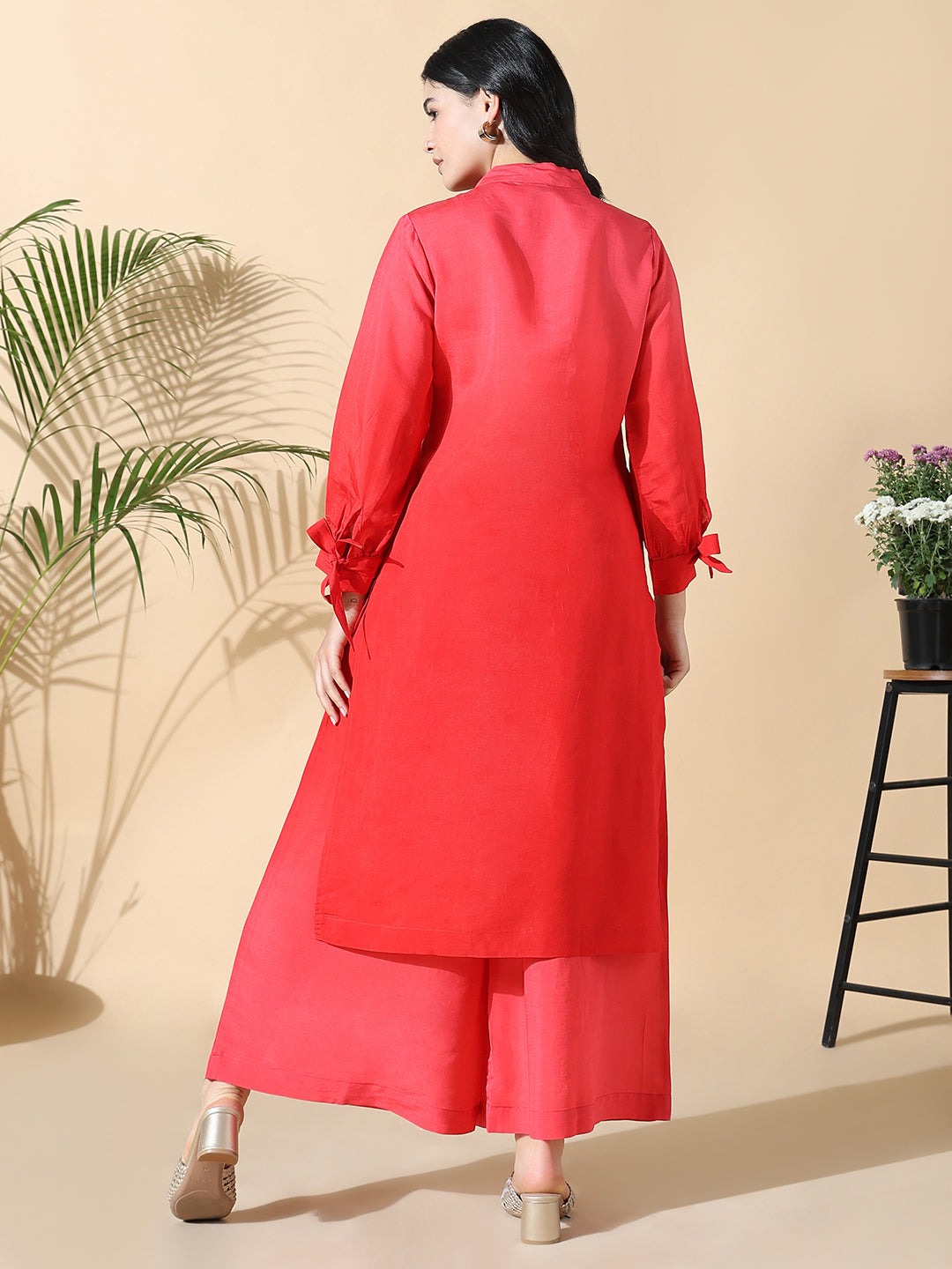 Women Cotton Solid Straight Red Kurta Set