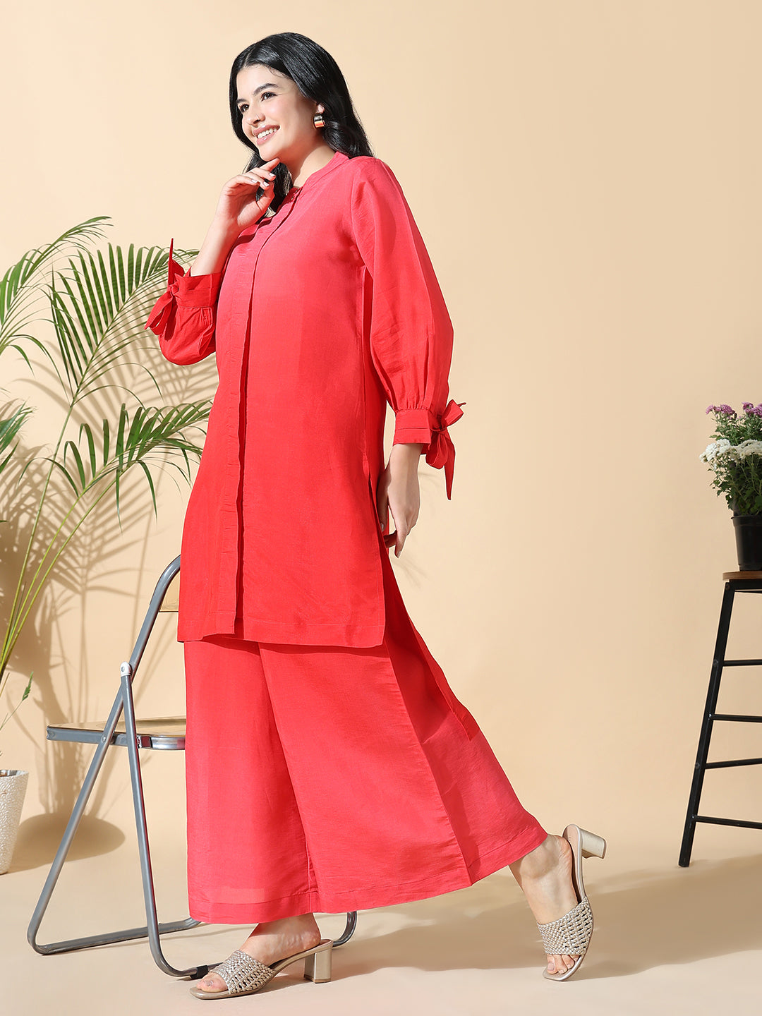 Women Cotton Solid Straight Red Kurta Set