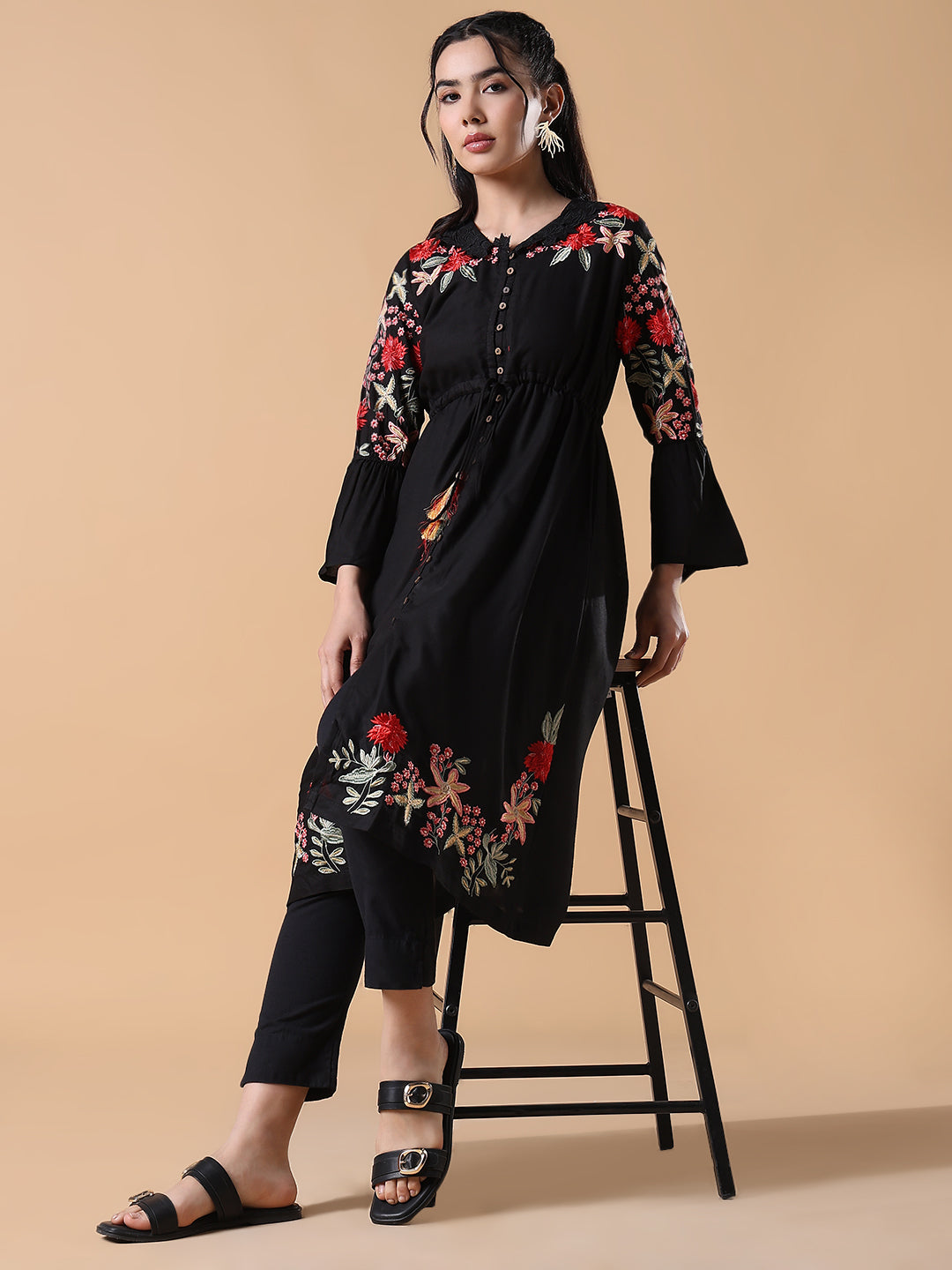 Women Black Embroidered Floral A-Line Kurta