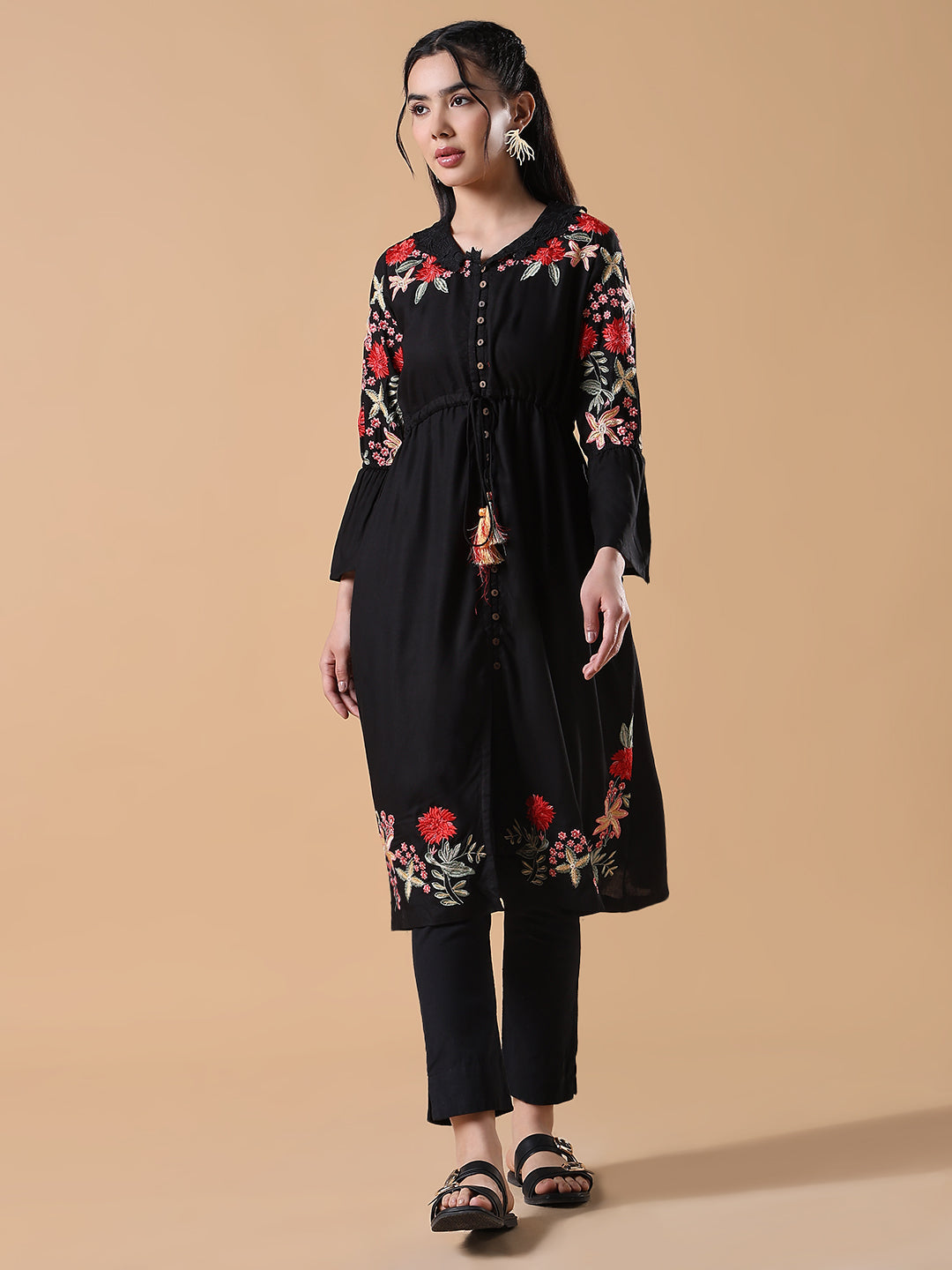 Women Black Embroidered Floral A-Line Kurta